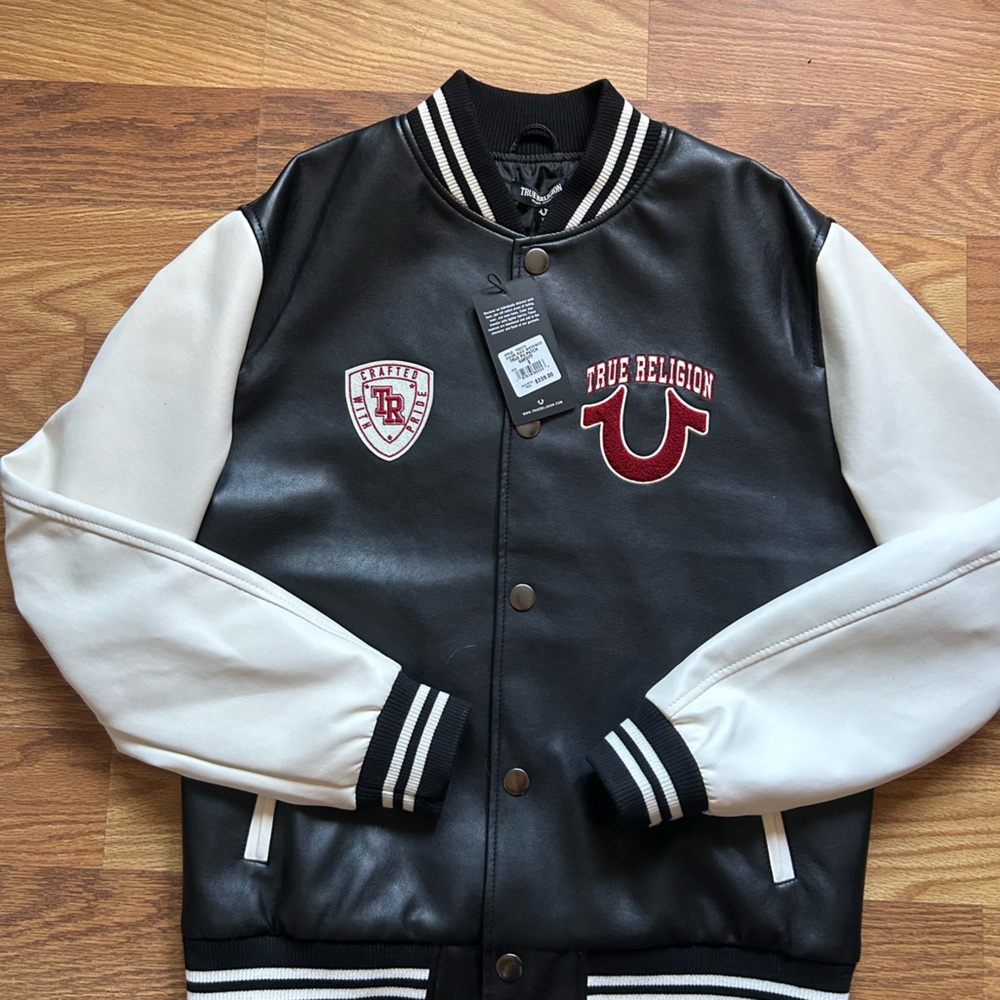 True Religion Black and White Men's Leather Varsity Jacket